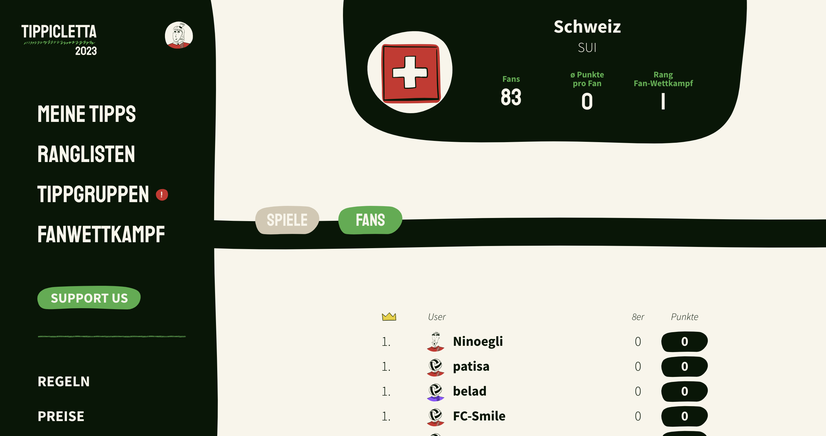 Desktop-Ansicht der Fan-Seite der Schweiz, Tippicletta 2023